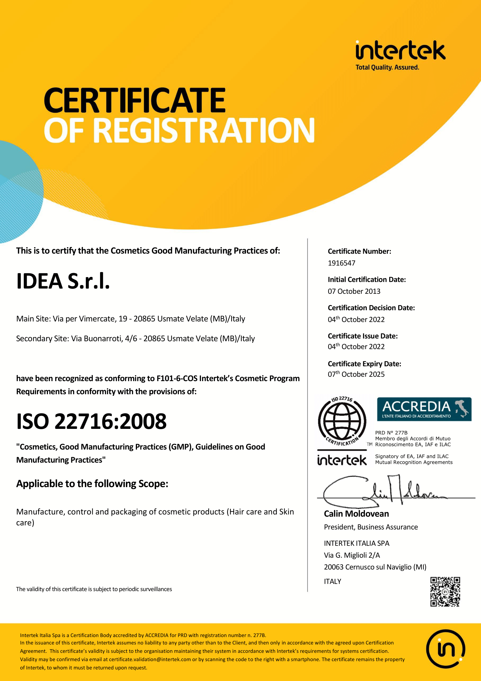 Certificato ISO 22716